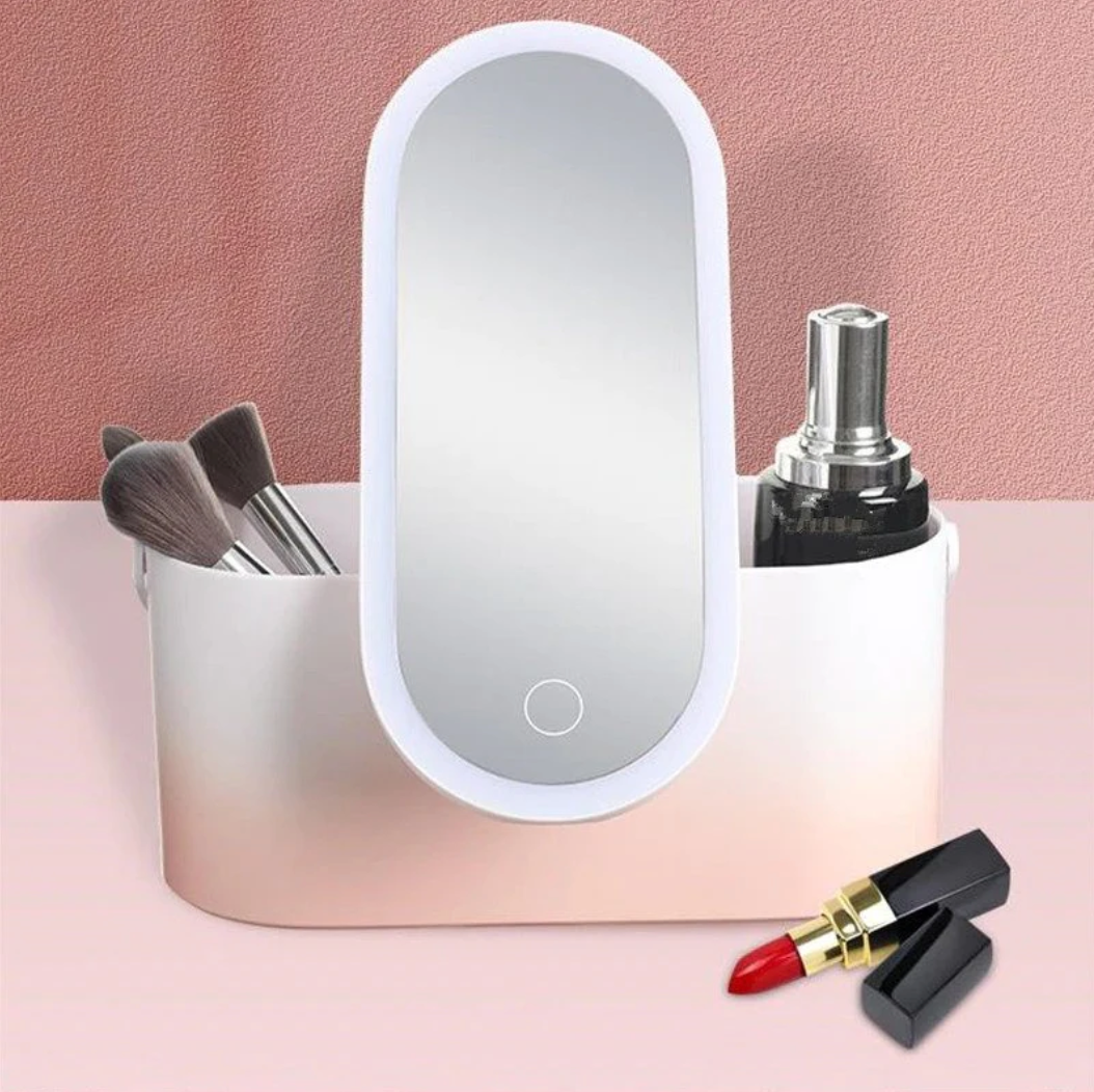 Travel makeup organizer with integrated LED mirror 